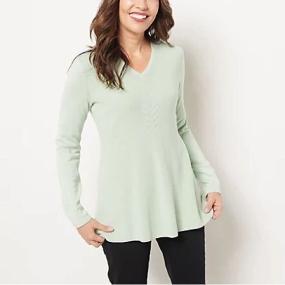 Isaac Mizrahi Live! V-Neck Shaker Stitch Swing Sweater - Picture 1 of 7